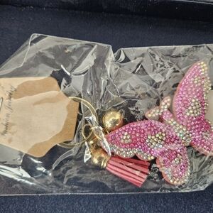 Large Sparkly Puffy Pink Sequined Butterfly Keychain - NEW